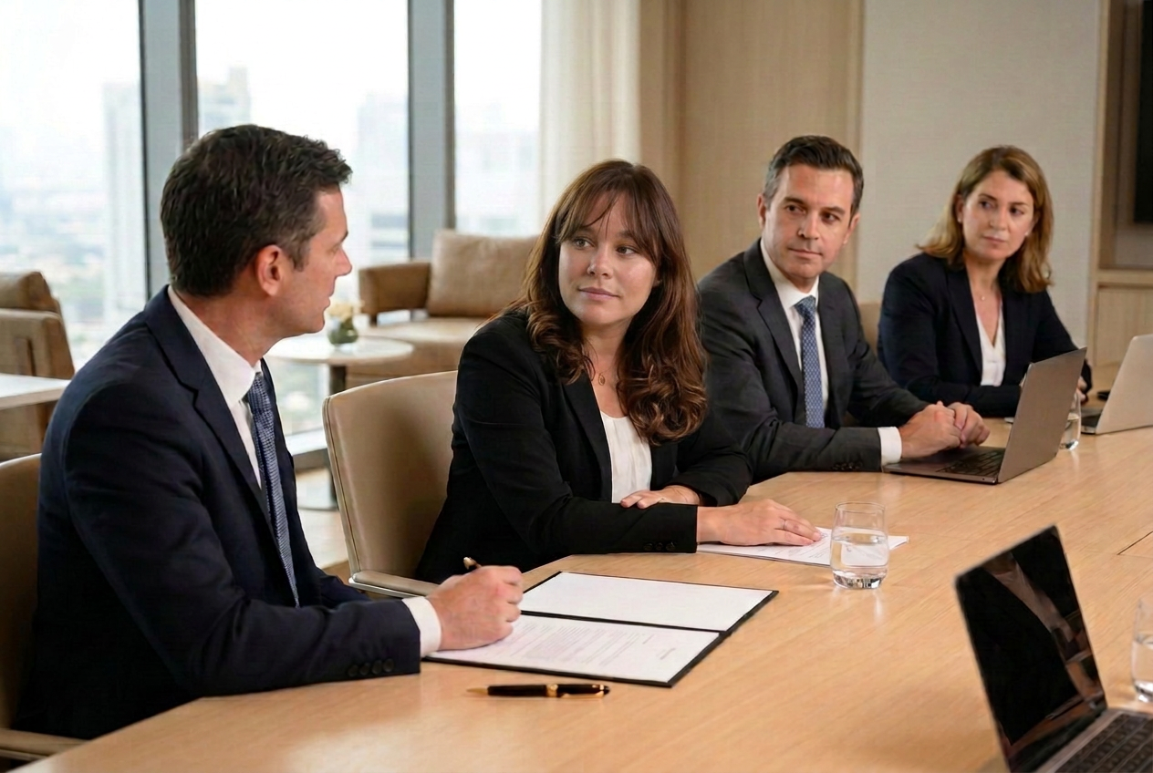 Cecilia Luzardo liderando una reunión de trabajo con equipos de consultores