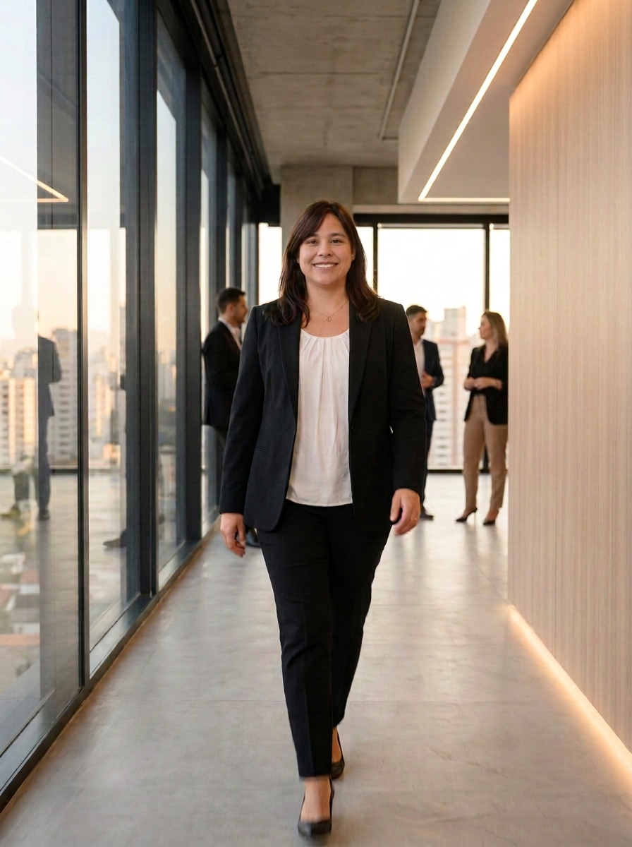 Cecilia Luzardo caminando por las oficinas de una organización cliente